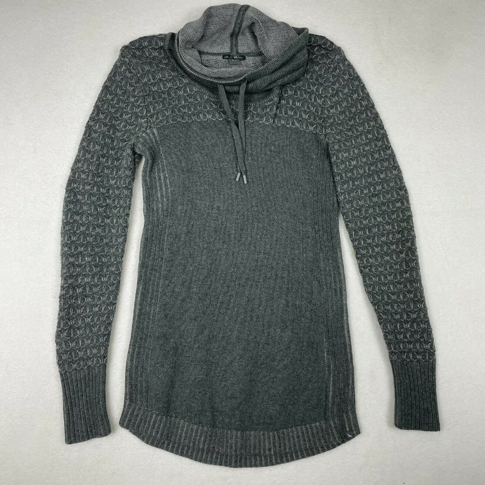 Eddie Bauer Womens Cable Knit Cowl Tunic Sweater Size XS Gray Drawstring Ribbed